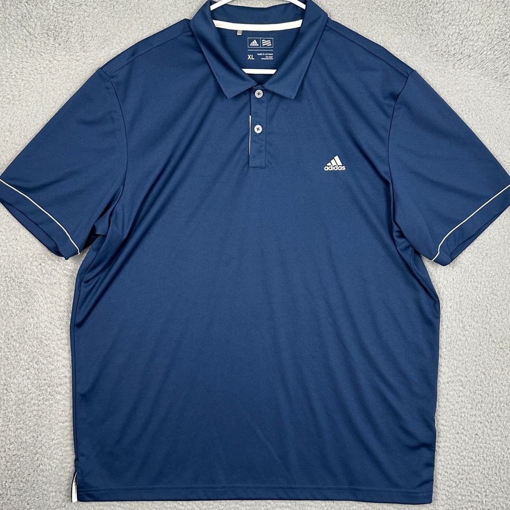 Adidas Golf Polo Shirt Mens XL Performance Navy Blue 3 Stripe Rugby Short Sleeve - Picture 2 of 8